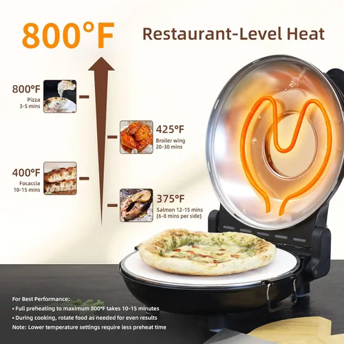 Vista 2 de Horno eléctrico para pizza de 12 pulgadas, máquina de pizza de encimera con piedra de cerámica, calienta hasta 800 °F, horno de pizza portátil