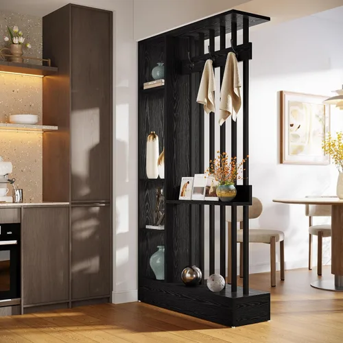 Vista 3 de Tribesigns Divisor de pared de habitación, estantería independiente de madera con estantes y ganchos para abrigos, 71 pulgadas, moderna partición