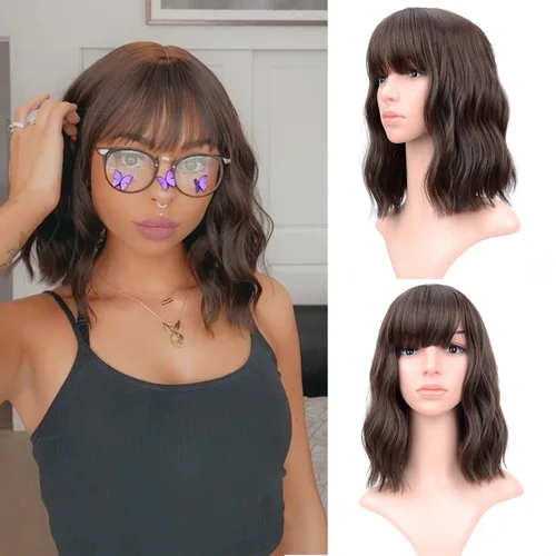 Vista 32 de VCKOVCKO - Peluca de cabello castaño claro rizada con flequillo de aire, onda natural rizada, peluca corta estilo Bob para mujer, longitud hasta