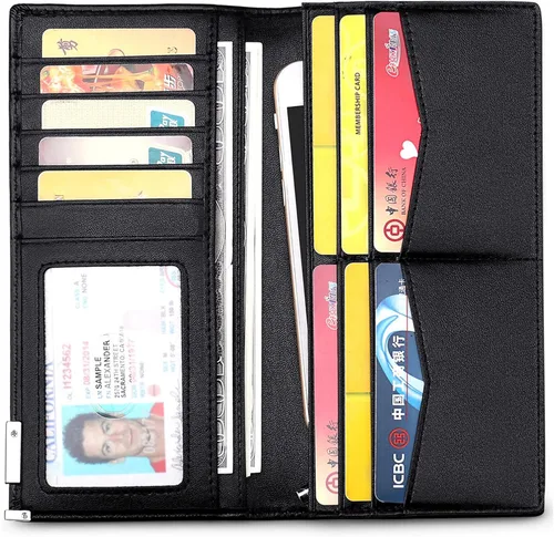 Vista 2 de Huztencor Carteras largas para hombre, billetera plegable de cuero con bloqueo RFID y cremallera, Cartera RFID