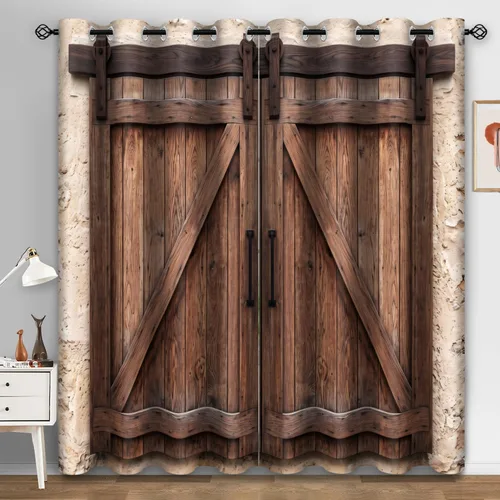 Vista 17 de Aimego - Cortinas opacas rústicas con flores de girasol, cortinas para oscurecer la habitación, estilo granja, paneles de madera, mariposas azules