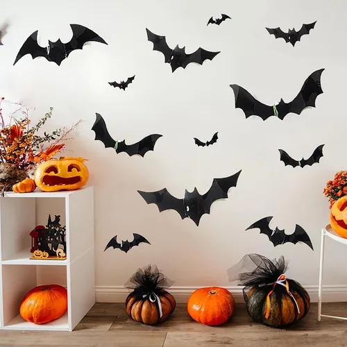 Vista 3 de Decoración de pared de murciélago de Halloween, 12 unidades, calcomanías de murciélago negro 3D, decoraciones de Halloween, reutilizables