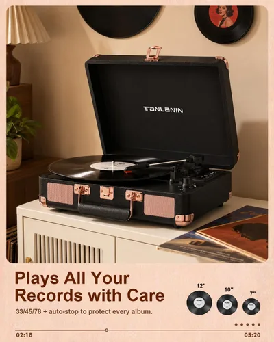 Vista 5 de Retro Suitcase - Tocadiscos de vinilo con grabación USB, Bluetooth negro rosa dorado