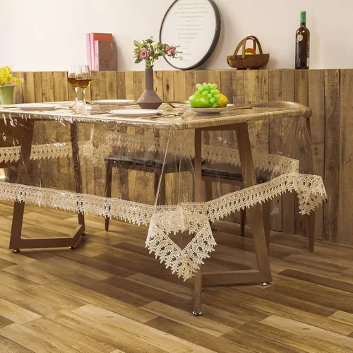 Vista 4 de Protector de plástico transparente para mesa, vinilo de PVC transparente con encaje para mantel de comedor, impermeable, a prueba de aceite