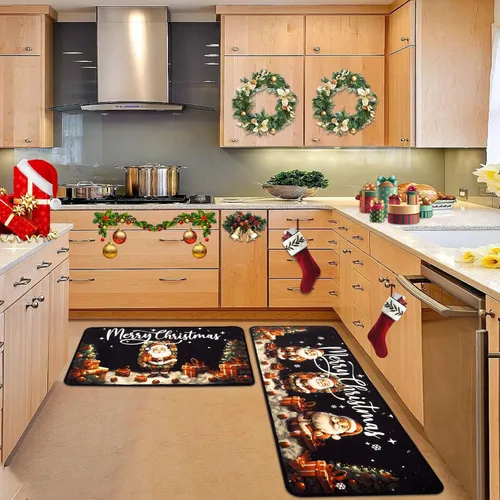 Vista 3 de Voanos Juego de 2 alfombras de cocina de Feliz Navidad, con temática linda de Papá Noel y regalo, decoración navideña para el hogar, tapete lavable