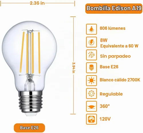 Vista 2 de Vinaco Bombilla LED A19 regulable de 2700 K, blanco cálido, 4 bombillas Edison A19, 8 W igual a 60 W, bombillas Edison de larga duración 806LM E26