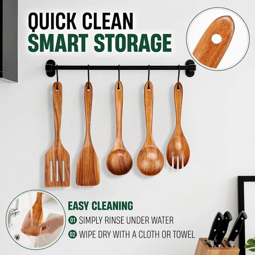 Vista 6 de Bkiok Cucharas de madera para cocinar, juego de utensilios de cocina de madera de teca natural para sartenes antiadherentes, espátula de madera