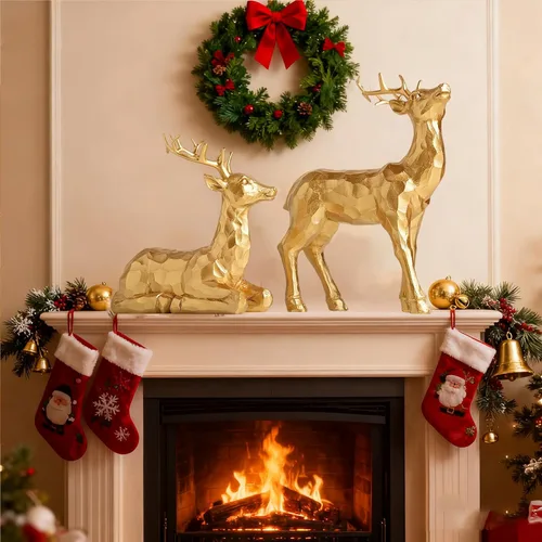 Vista 6 de Adornos de ciervo simulados para decoración navideña, 2 piezas de adornos de ciervo geométricos facetados de resina, decoración para el hogar, Dorado