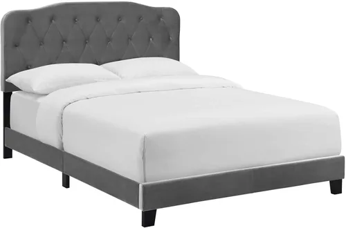 Vista 3 de Modway Amelia - Cama matrimonial tapizada en terciopelo copetudo, color gris