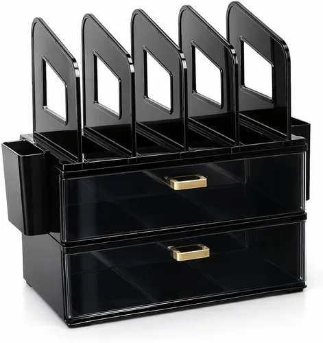 Vista 9 de CiWiVOKi Organizador de escritorio y accesorios, organizador de archivos de escritorio de 2 niveles con cajón acrílico y 2 soportes para bolígrafos