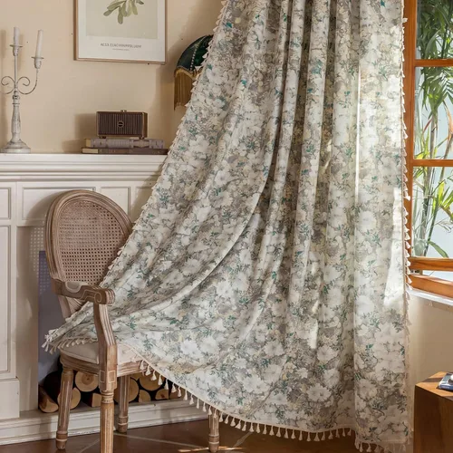 Vista 44 de Cortinas florales de granja semiopacas para sala de estar, de 63 pulgadas de largo, mezcla de lino y algodón, paneles de cortina de ventana cortos