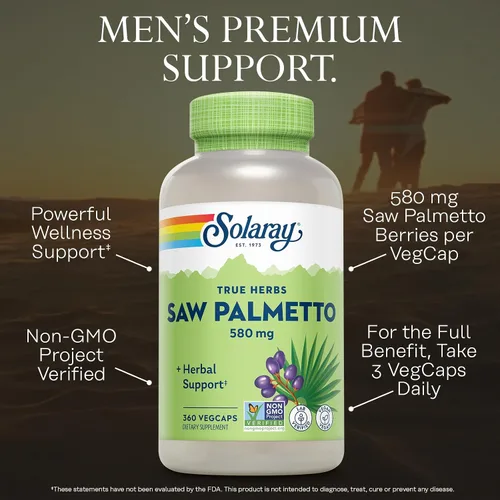Vista 3 de SOLARAY Saw Palmetto Berries 580mg - Suplementos de bienestar para hombres - Saw Palmetto para hombres a medida que envejecen - 3 cápsulas vegetales