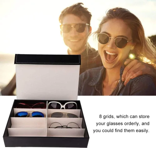 Vista 3 de Organizador de 8 rejillas de almacenamiento de joyas de lentes de sol para anillos, aretes, caja organizadora de gafas de cuero para coleccionista