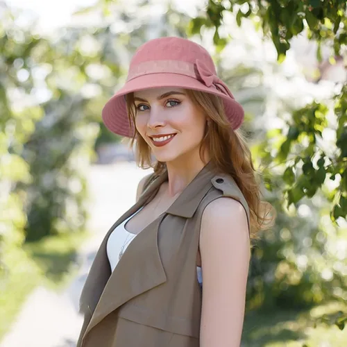 Vista 7 de Sombrero de pescador plegable para mujer, sombrero de ala ancha, sombreros de sol Kentucky Derby Church Sombreros para señoras Cloche Bowler Sun Hat