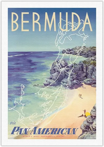 Vista 11 de Bermuda - via Pan American World Airways - Vintage Airline Travel Poster by Loweree c.1953 - Fine Art Rolled Canvas Print 11in x 14in