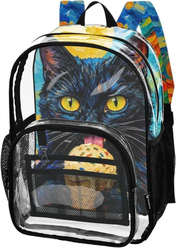 Vista 13 de Mochila transparente con diseño de gato negro y helado para la Lirios de gato azul