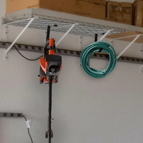 Vista 6 de Ganchos de bicicleta para soporte de montaje en techo de garaje – Estante de almacenamiento aéreo resistente de 4X8 para garaje en techo