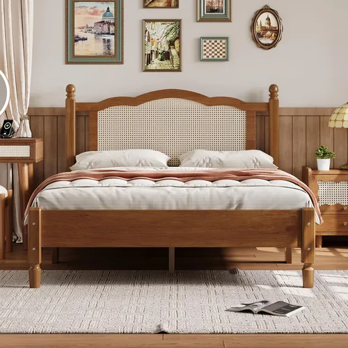 Vista 13 de JIVOIT Cama de plataforma de tamaño King con cabecera de 46.5 pulgadas de alto, marco de plataforma de madera de bambú maciza con listones de madera