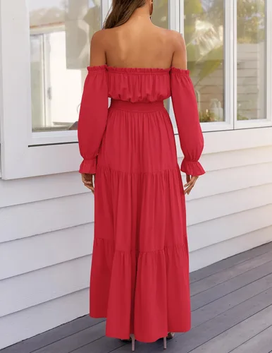 Vista 29 de ZESICA - Vestido largo, bohemio y sexy, con hombros descubiertos y manga larga fruncida, con elástico fruncido, cintura alta y abertura lateral