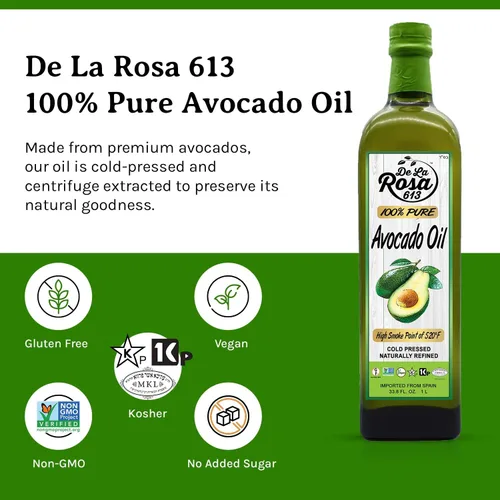 Vista 3 de De La Rosa Aceite de aguacate 100% puro, Kosher para Pascua, vegano, sin OMG y sin gluten, ideal para cocinar con alto punto de humo, primer aceite