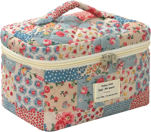Vista 41 de uekeboag - Bolsa de maquillaje grande de viaje acolchada para mujer, neceser de algodón con estampado floral, neceser con estampado floral