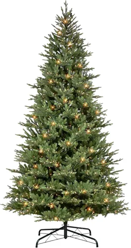 Vista 8 de Puleo International Árbol de Navidad artificial de abeto bálsamo preiluminado de 7.5 pies con 800 luces transparentes, verde