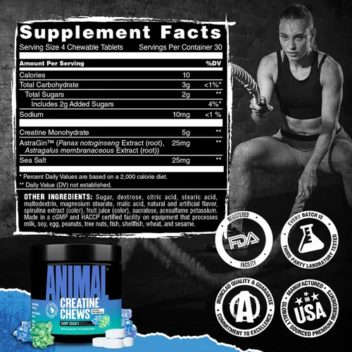 Vista 7 de Animal Gomitas de Creatina – Tabletas masticables mejoradas de monohidrato de creatina con AstraGin y sal marina, máxima absorción pre