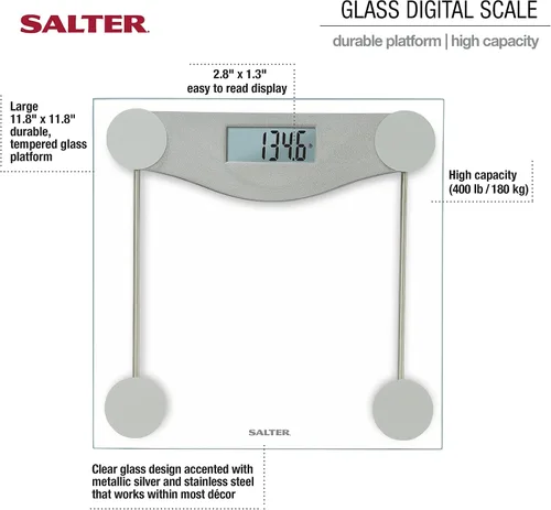 Vista 5 de Salter Glass - Báscula digital de baño, primera báscula de baño digital para peso corporal en la serie E-Tech, transparente