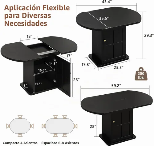 Vista 2 de iPormis Mesa de Comedor Redonda Extensible para 4-6, Mesa de Cocina Moderna de 59'', con Estante de Almacenamiento de 2 Niveles, Puerta de Madera
