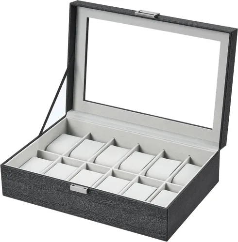 Vista 8 de Hzuaneri Caja de reloj, regalos de Navidad, caja de reloj de 12 ranuras con tapa de vidrio grande, almohadas de reloj extraíbles, organizador