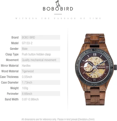 Vista 8 de BOBO BIRD Relojes de madera para hombre, reloj mecánico de esqueleto, relojes de pulsera ligeros de lujo con correa de madera natural de colección