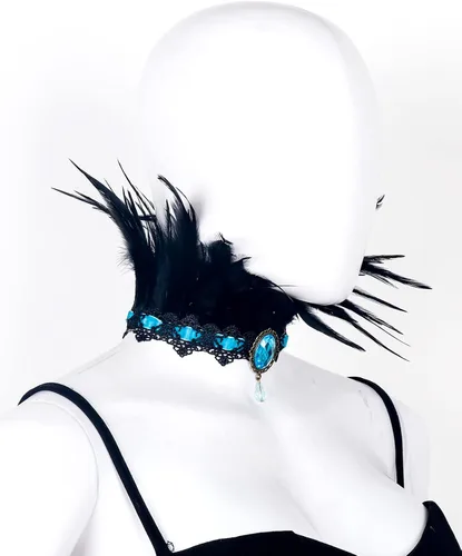 Vista 4 de L'VOW Gargantilla de plumas, joyería gótica, cadena de cuello de vampiro, tatuaje steampunk, accesorios de encaje, disfraz de Halloween