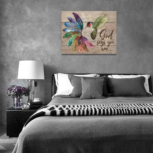 Vista 8 de Arte de pared de colibrí cristiano con texto en inglés "God says you ers", impresiones en lienzo, pintura rústica de pájaros de campo, obras de arte