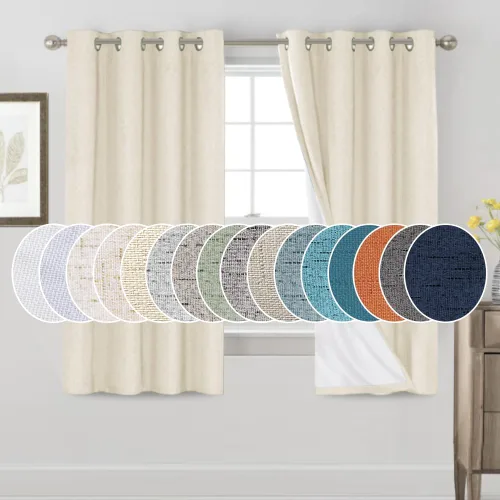 Vista 55 de Cortinas con textura de lino 100% opacas de 64 pulgadas de largo, juego de 2 paneles de cortinas de lino opacas con forro aislante térmico que Arena