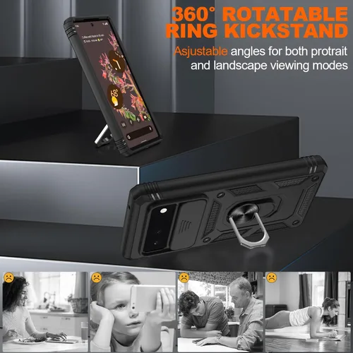 Vista 8 de Gritup Funda para Google Pixel 6 con cubierta deslizante para cámara y protector de pantalla (2 unidades), soporte de anillo giratorio 360°, funda