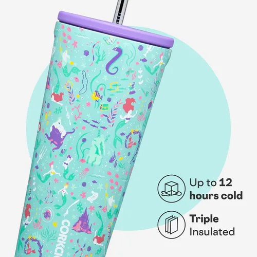 Vista 3 de Corkcicle Disney Princess Vaso Frío - Mantiene las Bebidas Frías durante 12 Horas - Acero Inoxidable con Triple Aislamiento - Popote y Tapa de Rosca