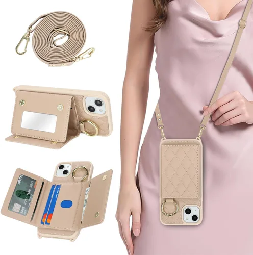 Vista 24 de Funda para iPhone 14 con tarjetero y correa para mujer, cordón cruzado, espejo de maquillaje, soporte de anillo, cierre a presión, bonitas fundas