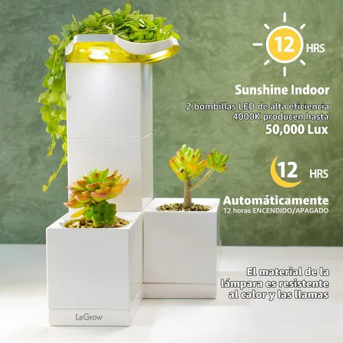 Vista 2 de LeGrow Maceta de interior con luz LED de crecimiento, temporizador automático de 12 horas, 7 días sin riego, 2 macetas de riego automático
