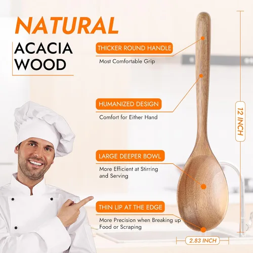 Vista 2 de Cuchara de cocina de madera de acacia, cucharas de servir para mezclar y agitar, utensilios de cocina antiadherentes, cucharón para sopa, guisos