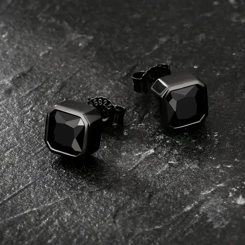 Vista 5 de KRKC&CO - Aretes tipo dormilona para hombre, cuadrados, plata de ley 925, circonita cúbica negra, hipoalergénicos, elegante aspecto hip hop