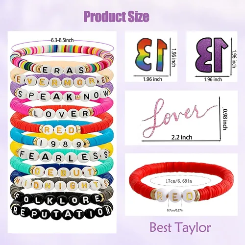 Vista 6 de SEICHYGO 11 pulseras inspiradas en Taylor para Swiftie Outfit Jewelry 1989 Fearless Folklore Speak Now Red Evermore con 5 piezas 13 TS y 3 tatuajes
