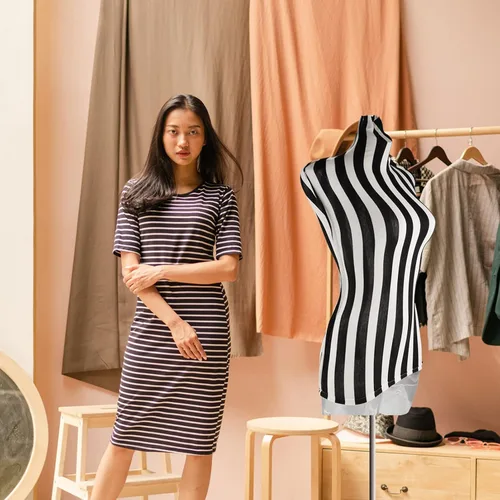 Vista 7 de ULTECHNOVO - Maniquí femenino con forma de vestido de medio cuerpo, tela de encaje de algodón a rayas, cubierta de maniquí ajustable para exhibición