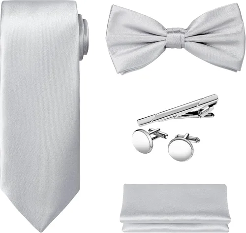 Vista 32 de TIE G 5pcs Tie Set in WHITE OR BLACK GIFT BOX: Solid Color Necktie, Satin Bow Tie, Pocket Square, Lapel, Cuff Links A-aqua