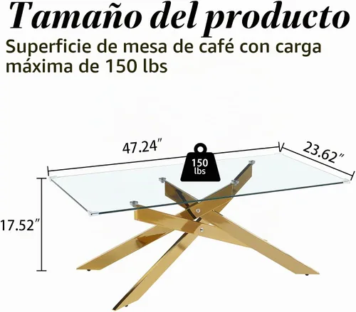 Vista 2 de Mesa de centro de cristal de 47 pulgadas, moderna tapa rectangular de vidrio templado con patas de metal con cruz dorada, mesa central de espacio
