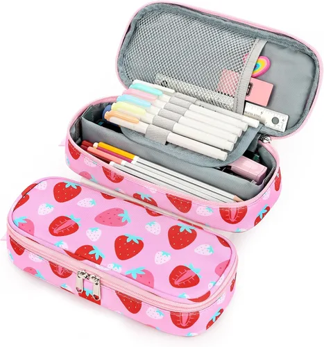 Vista 6 de Lapicera para niñas, estuche con divisiones múltiples para lápices, diseño de fresas color rojo