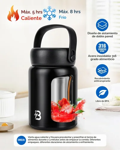 Vista 2 de Sopa térmica pequeña para comida caliente, tarro de alimentos aislado de 12 onzas para el trabajo o viajes, color negro