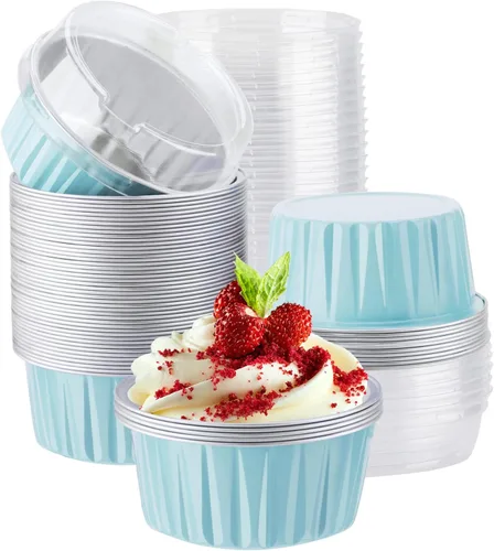 Vista 17 de EUSOAR Tazas de aluminio para hornear, paquete de 30 tazas de 5 onzas para cupcakes con tapas, moldes de pastel de 4.2 fl oz, flanes de postres