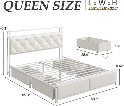 Vista 2 de Fluest Base de cama Queen con cabecero, cajones de almacenamiento, estación de carga rápida, luces LED, marco de cama tamaño Queen con cajones