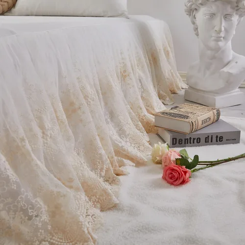 Vista 3 de Brandream Falda de cama de encaje, tamaño individual, color blanco crema, caída de 18 pulgadas, romántica con volantes y esquinas divididas