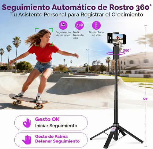 Vista 2 de Funme Trípode de seguimiento facial automático para iPhone, trípode de 59 pulgadas con control remoto, rotación de 360 grados que sigue tu